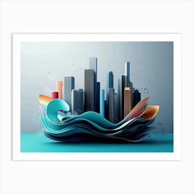 3d Of Skyline And Waves Art Print