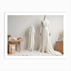 Two Mannequins Wearing White Dresses, One Simple And One With A Flowing Skirt, Along With Accessories Including Shoes, Bags, And Plants Art Print