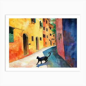 Black Cat In Siena, Italy, Street Art Watercolour Painting 2 Art Print