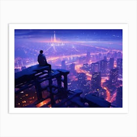 Lone young man gazing at a sprawling metropolis below him Art Print