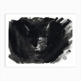 Gray Cat In Black Room - black and white dark cat animal ink watercolor eye Art Print