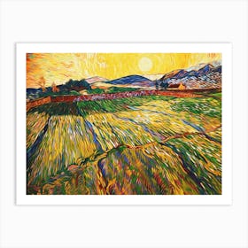 Sunset In The Fields Trees Countryside Painting Art Print