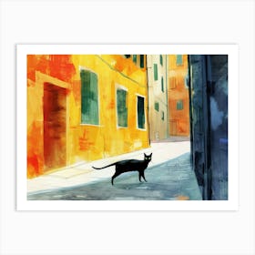 Black Cat In Trieste, Italy, Street Art Watercolour Painting 1 Art Print