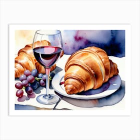 Croissant and Wine watercolor painting 2 Art Print