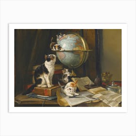 Vintage Painting Cats On A Globe Art Print