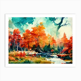 Watercolor Landscape Of Autumn Trees Art Print