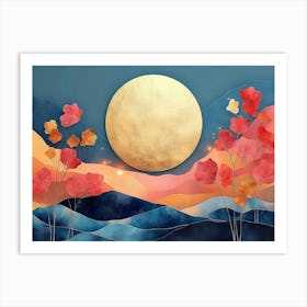 3d With Colorful Background, Colorful Tree Leaves, Mountain and Golden Moon Art Print