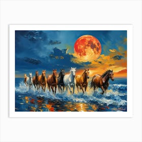 A Herd Of Horses Galloping Along The Shoreline Art Print