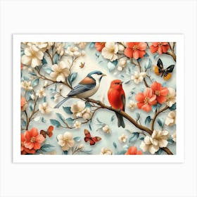 Nature's Tapestry Birds On A Branch Art Print