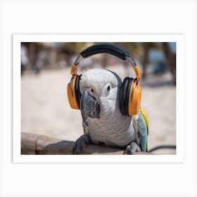 An 1006 Parrot At Beach Resort Wearing Tiny Headphones 11x14 Art Print