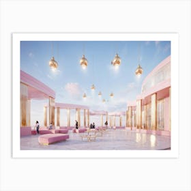 Envision A Nebulous Retail Center Radiating An Alluring Pastel Pink Hue Withbell Shaped Benchesgoss 1 Art Print