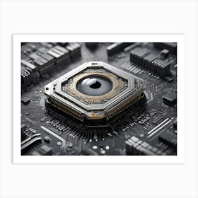 Human Eye Integrated Into A Metallic Square Chip On A Circuit Board, Representing Artificial Intelligence And Surveillance Art Print