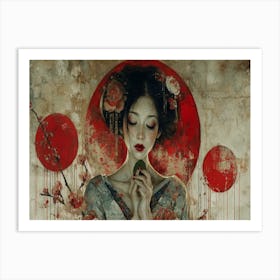 Geisha Grace: Elegance in Burgundy and Grey. Art Print