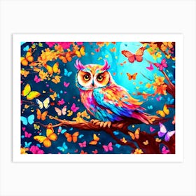 Colorful Owl With Butterflies Art Print