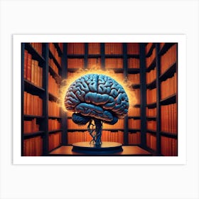 3d Illustration Of A Human Brain With Intricate Neural Pathways Highlighted In Yellow, Set In A Library With Bookshelves Art Print