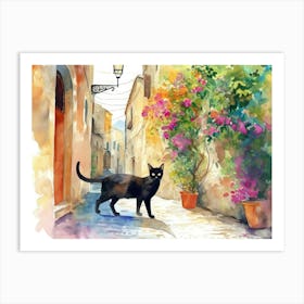 Amalfi, Italy   Black Cat In Street Art Watercolour Painting 1 Art Print