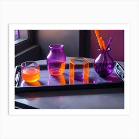 A Still Life Image Of A Tray With A Glass Of Orange Juice, A Purple Vase, A Clear Glass Hexagon, And Another Purple Vase With Orange Stems, All Set On A Reflective Surface With Pink And Purple Lighting Art Print