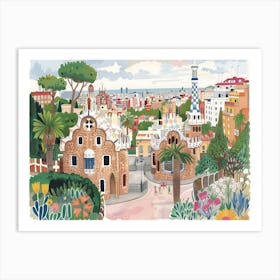 Barcelona Park Guell Painting Landscape Art Print