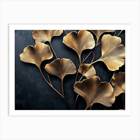 Refined 3d Floral Art with Golden Ginkgo Biloba Leaves on Dark Background Art Print