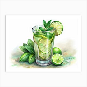 Watercolor Illustration Of A Glass Of Lime And Mint Drink Art Print