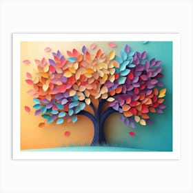 Colorful Tree With Leaves On Hanging Branches Illustration Background, 3d Abstraction Art Floral Tree 1 Art Print