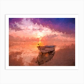 Lonely Boat In The River At Sunset Oil Painting Landscape Art Print