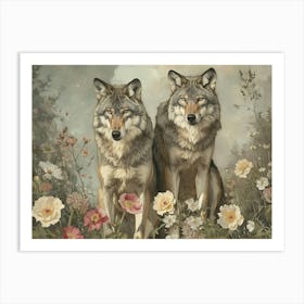 Floral Animal Illustration Timber Wolf 2 Art Print