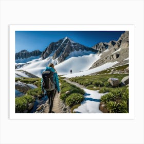 Woman trekking at snowy winter Alps, Rocky Mountains 11 Art Print