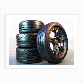 Stack Of Black Tires With Chrome Rims Art Print