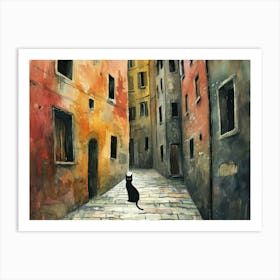 Black Cat In Trieste, Italy, Street Art Watercolour Painting 4 Art Print