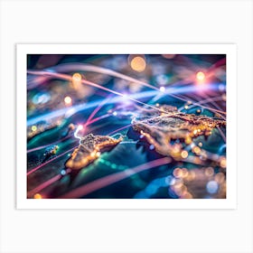 A Close Up View Of A Golden Globe With Glowing Lines Representing Global Connections And Data Flow Art Print