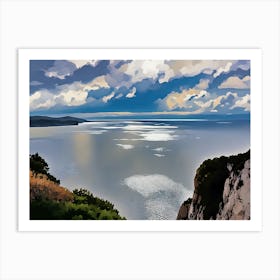 Coastal Landscape with Dramatic Clouds near Capo Caccia Sardinia. A black and white photograph captures a breathtaking coastal landscape. The sky is dominated by a dramatic expanse of dark, swirling clouds, casting shadows over the calm, reflective water below. A sliver of sunlight peeks through the clouds, illuminating the water with a shimmering, ethereal glow. In the distance, a rugged coastline stretches out, disappearing into the hazy horizon. 1 Art Print