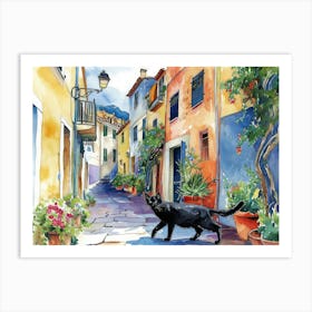 Ajaccio, France   Black Cat In Street Art Watercolour Painting 1 Art Print