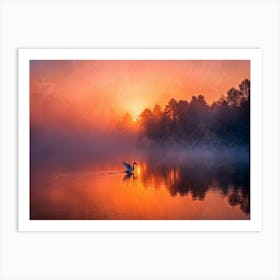 Fantastic Scenery Of A Forest In Dense Fog Illuminated By The Warm Glow Of A Setting Sun Casting A R Art Print