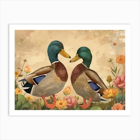 Floral Animal Illustration Mallard Duck 1 Art Print