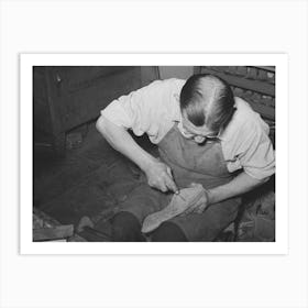 Cowboy Bootmaker Punching Holes In Inner Sole In Goodyear Welt Method With Awl,Cowboy Bootmaking Shop Art Print