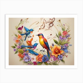 Pretty Singing Birds In A Flowers And Music Symbols Decoration - Color Illustration On White Background Art Print