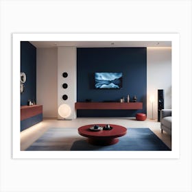 Modern Living Room Interior With A Blue And White Color Scheme Art Print