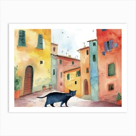 Black Cat In Siena, Italy, Street Art Watercolour Painting 1 Art Print