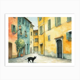 Black Cat In Modena, Italy, Street Art Watercolour Painting 4 Art Print