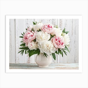 A Bouquet Of Pastel Pink And Pristine White Peonies With Hints Of Red Arranged Densely In A Natural Art Print