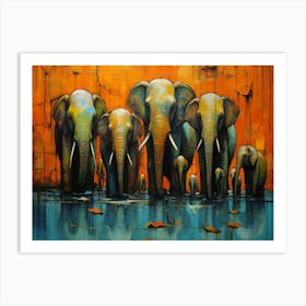 Elephants In Water Art Print