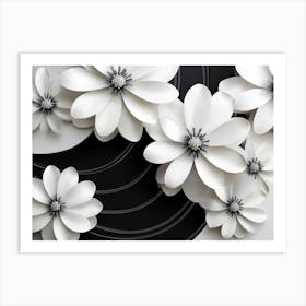 3d Look White and Black Circle with White Flower Design Art Print