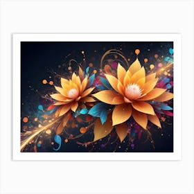 Two Luminous, Golden Flowers Bloom Amidst A Swirl Of Colorful, Abstract Elements And Sparkling Particles Art Print