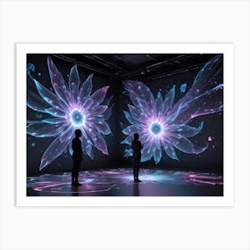 Two Figures Stand Before Large, Glowing Flowers In An Enclosed, Dark Space, Highlighting Digital Art And Technological Creativity Art Print