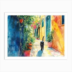 Athens, Greece   Black Cat In Street Art Watercolour Painting 1 Art Print