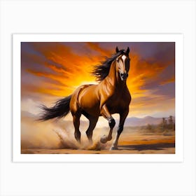 Beautiful Brown Wild Mustang Galloping In A Sandy And Dry Region Infront Of A Sunrise Spoting Something - Color Painting Art Print