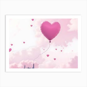 Pink Heart Shaped Balloon Over A City With Clouds Art Print