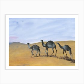 Camels In The Desert painting hand painted animals blue ochre beige africa nature landscape Art Print