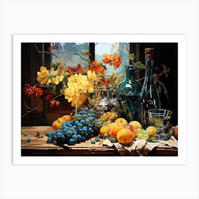 Still life with grapes, peaches and flowers Art Print